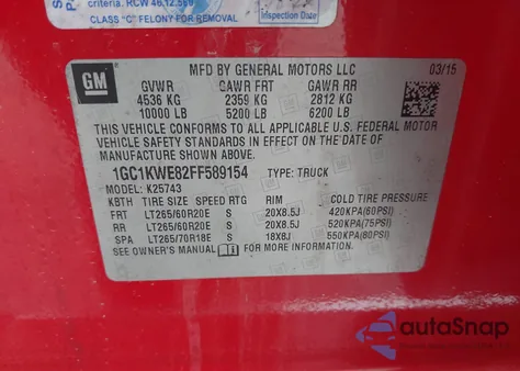 2015 Chevrolet Silverado 2500Hd Ltz z USA, uszkodzony, nr VIN 1GC1KWE82FF589154